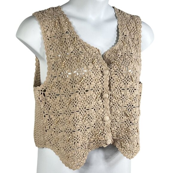 Hunt Club Womans 16W Crochet Beaded Knit Beige Button-Up Vest Cottagecore Top - Picture 6 of 11